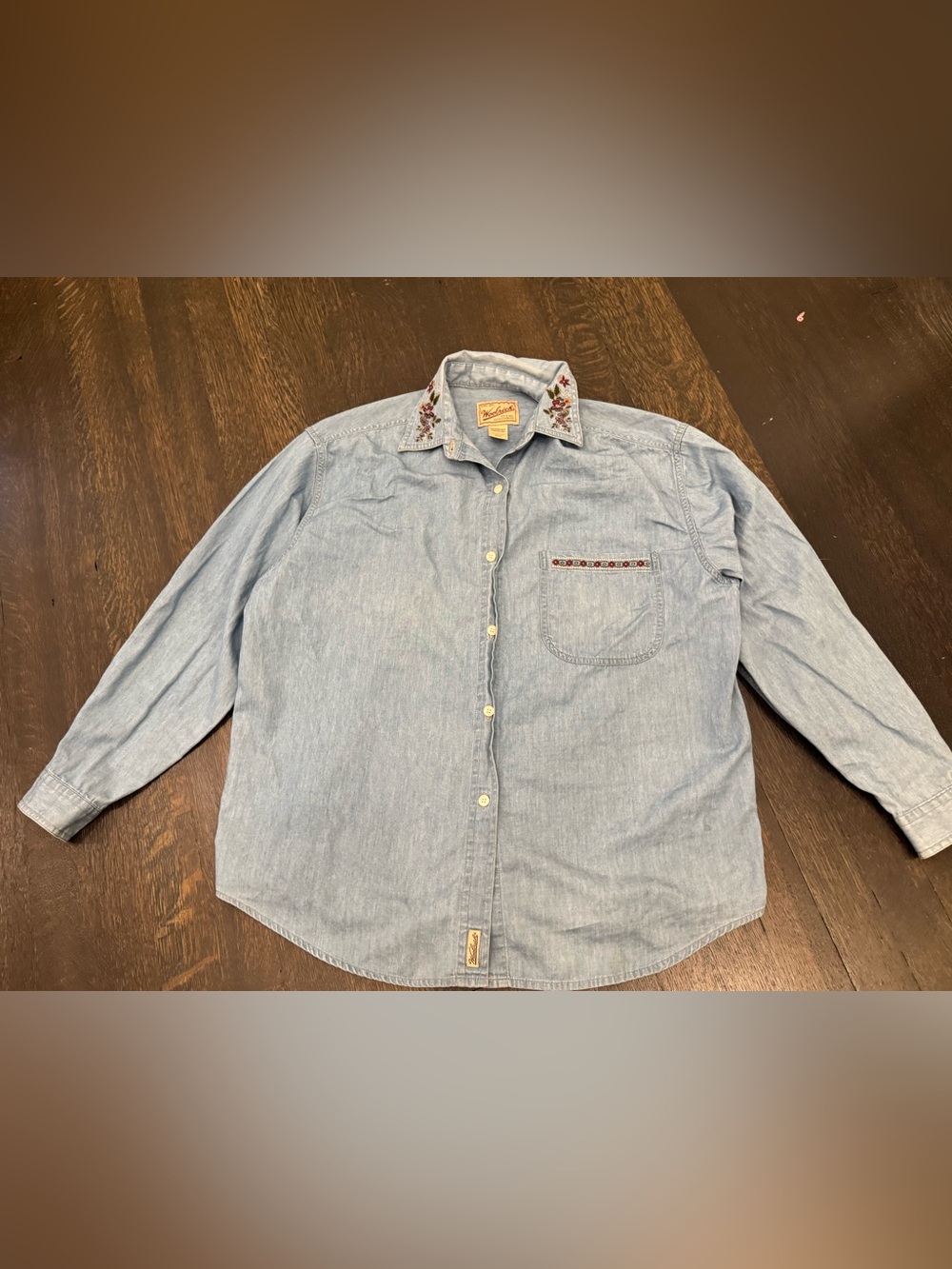 Woolrich Light Blue Denim Button-Down Shirt with Embroidered Collar